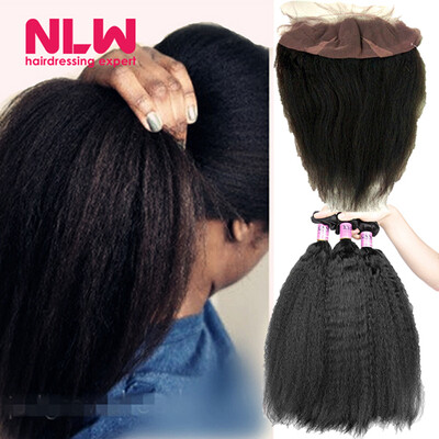

13" x 4" Brazilian Virgin Hair Lace frontal With bundles 2 pcs Brazilian Virgin Italian kinky yaki Hair Bundles with frontal