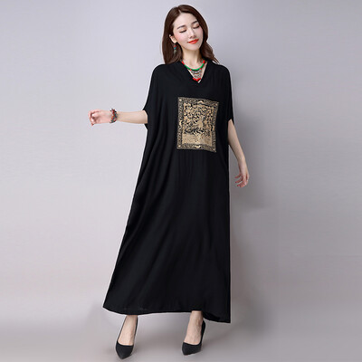 

MAXWAY Women&39s 2017 National Wind Embroidered Short Sleeve One-piece Dress Cotton Cotton One-piece Dress mm mm Art Retro Skirt MW108 Black M
