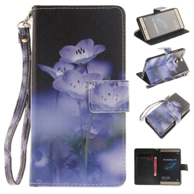 

Синий цветок дизайн искусственная кожа флип кошелек карты держатель чехол для HUAWEI P9