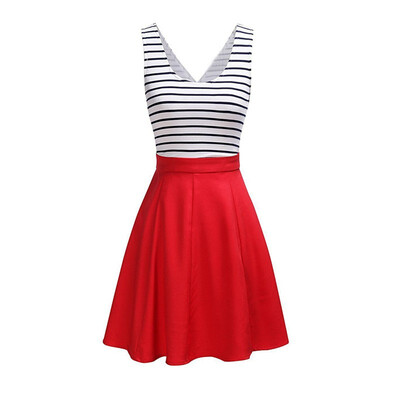 

Women summer cotton striped patchwork swing sundress Fake two piece back cross waist cut out tunic sleeveless skater dress