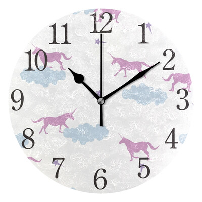 

Wall Clock Pink Unicorn Clouds Stars Round Wall Clock Arabic Numerals Design