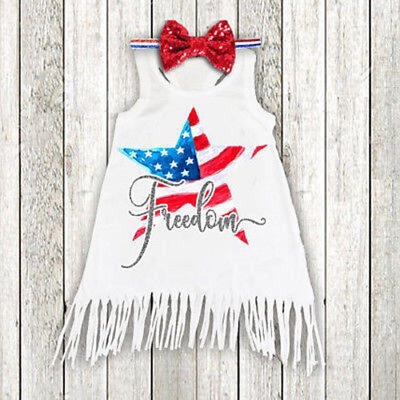 

2PCS Set Baby Grls Clothes Sleeveless Freedom DressHeadbands Summer Sundress