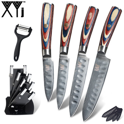 

XYj 6PCS Damascus Steel Knives Set Chef Slicing Utility Paring Knives Peeler Knife Stand Tools