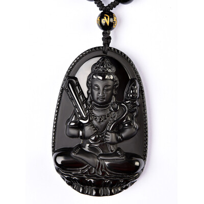 

Ling Fei obsidian Samantabhadra Pendant is a dragon snake zodiac Buddha necklace men and women with beads chain trumpet