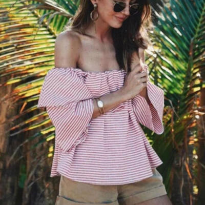 

US Womens Striped Off Shoulder 34 Sleeve Ruffled Blouse Loose Tops T-shirt