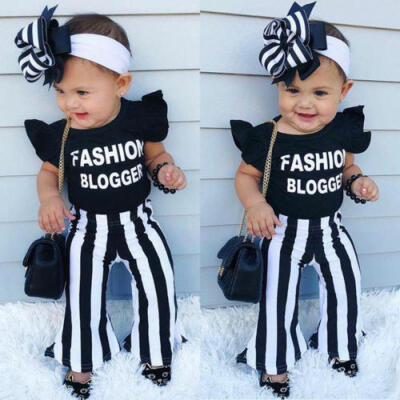 

UK 2pcs Kids Baby Girls Summer Outfit Clothes T-shirt TopsFlared Striped Pants