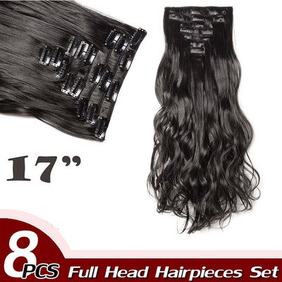 

17" Curly Hair Full Head Clip in Hair Extensions Synthetic 8 Piece 18 Clips Hairpiece Long Wave Trendy Design for Women