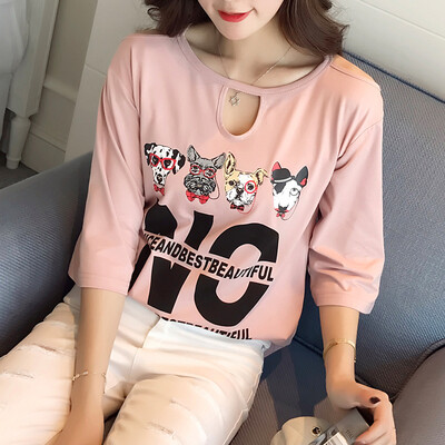 

VIVAHEART Korean version of the five-point sleeve hollow T-shirt loose print pattern underwear coat tide tide VWTD173131 white