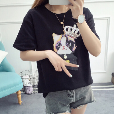 

VIVAHEART casual loose fashion handmade sequins short sleeve T-shirt bottoming shirt female VWTD173335 black M