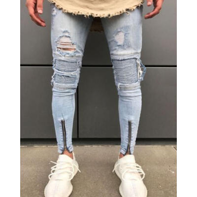 

USA Men Slim Biker Denim Jeans Skinny Frayed Pants Distressed Troursers Zipper