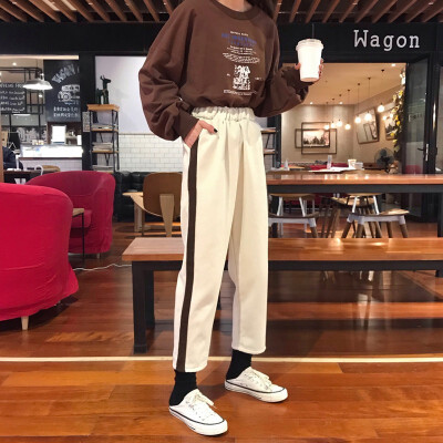 

Winter 2018 winter Korea version with pile&thick high-waisted jeans baggy student sports harem long pants female