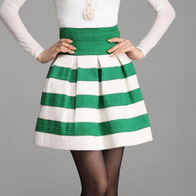 

Women Stretch Comfy High Waist Mini Skirt Plain Skater Sripe Pleated Dress