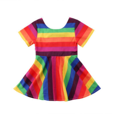 

Princess Newborn Kids Baby Girls Rainbow Short Sleeve Party Pageant Dress Summer