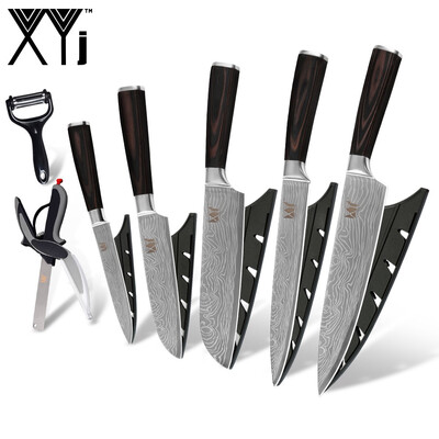 

XYj Stainless Steel Kitchen Knife Set Damascus Pattern Blade Color Wood Handle Knife with Peeler Scissor Kitchen Tools
