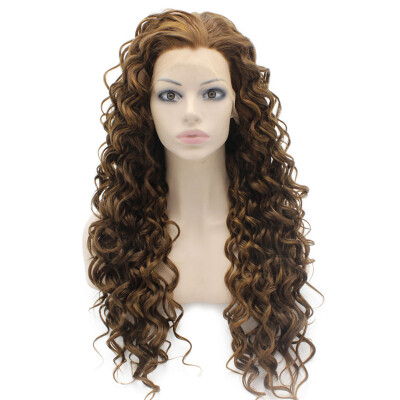 

26inch Long Curly Brown Highlight Heat Friendly Fiber Hair Natural Synthetic Lace Front Wig