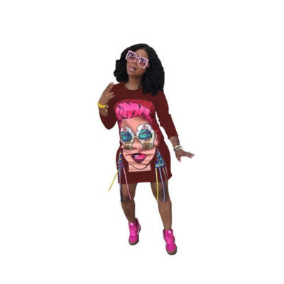 

Women Casual Long Sleeve Cartoon Head Character Print Loose Short Mini Dress YY