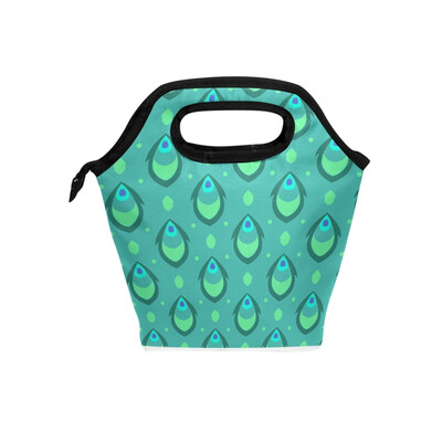 

Lunch Tote Bag Green Feather Travel Picnic Insulated Lunch Handbags Portable Zipper Lunch Bag Box