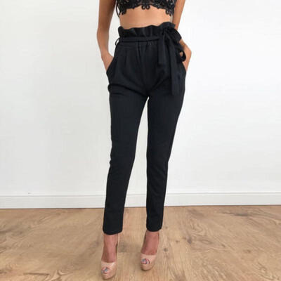 

Womens High Waist Casual Drawstring Elastic Long Pants Ladies Pencil Trousers