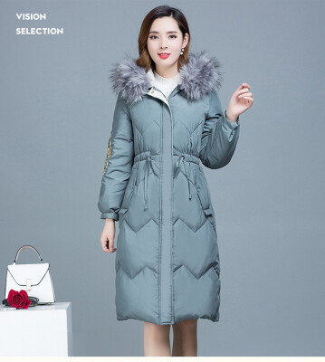 

Thick warm large fur collar cotton womens long winter new slim size hooded down jacket 90222