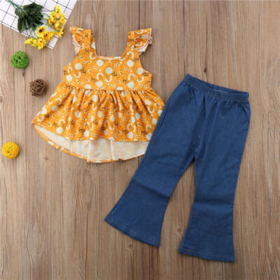 

Toddler Baby Girl Floral Top T-shirt Wide Leg Flared Bell Denim Pants Outfit Set
