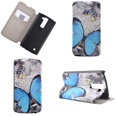 

Blue Butterfly Design PU Leather Flip Cover Wallet Card Holder Case for LG K8