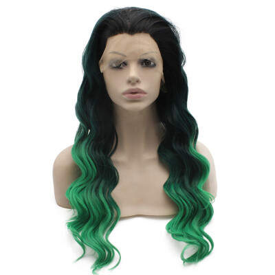 

Iwona Synthetic Hair Lace Front Long Wavy Ombre Black Green Two Tone Wig