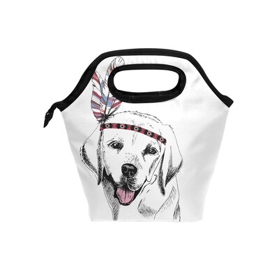 

Lunch Bag Wearing Feather Dog Tote Travel Picnic Insulated Handbags Portable Zipper Lunch Bag Box