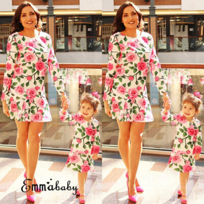 

Mother And Daughter Floral Long Sleeve Matching Dresses Mom Girls Family Skirt