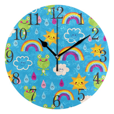 

Wall Clock Arabic Numerals Design Cute Frogs Rain Drops Rainbows Round