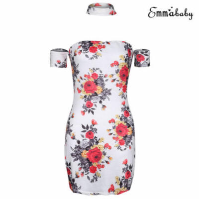 

Women Holiday Off Shoulder Boho Bodycon Ladies Floral Summer Beach Mini Dress