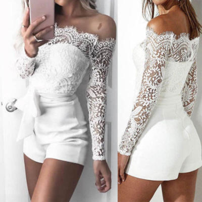 

Fashion Womens Sexy Backless Off Shoulder Lace Bodycon Ruffles Jumpsuit Romper