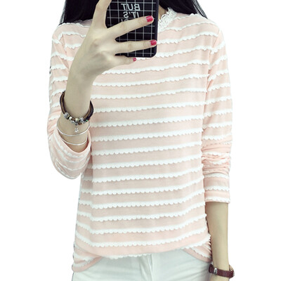

Longyue Women Korean Stripe Lace Wave Long Sleeve T-Shirt Fashion Splice Long Sleeve Small Fresh Shirt LWTC172307 Pink