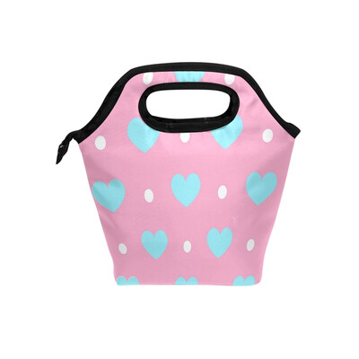 

White Dot Blue Loving Heart Lunch Bag Tote Travel Picnic Insulated Handbags Portable Zipper Lunch Bag Box
