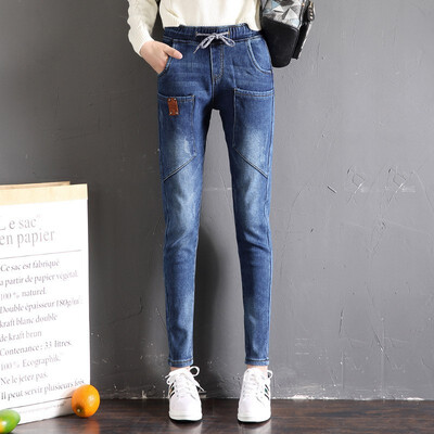 

Winter 2018 new elastic waist&fleecy jeans womens casual Korean version bf fashion all-in-one harem pants N00015