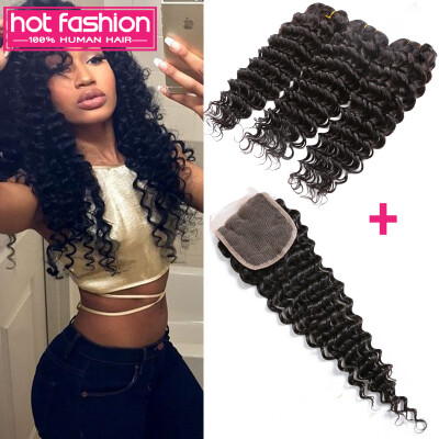 

8A Brazilian Virgin Hair With Closure 3 Bundles Brazilian Deep Wave With Closure Unprocessed Hot Fashion Brazilian Human Hair