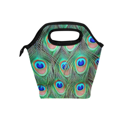 

Insulated Lunch Tote Bag Peacock Feather Travel Picnic Lunch Handbags Portable Zipper Lunch Bag Box