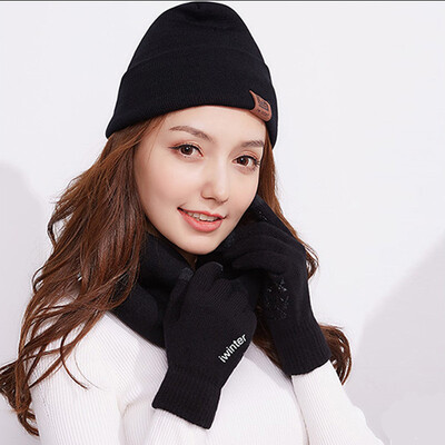 

GLO-STORY wool hat scarf gloves autumn&winter knitting three-piece suit men&women wool plus velvet warm suit MST844218 black