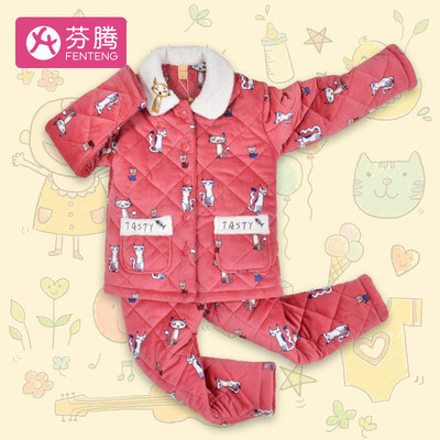 

Fen Teng 2018 autumn&winter new playful cat cardigan lapel soft cute thickening plus velvet three-layer quilted long-sleeved pajamas girls home service F98950848 water red 140