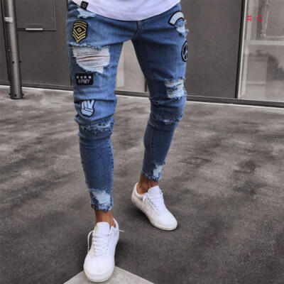 

AU STOCK Mens Stretchy Ripped Skinny Jeans Destroyed Taped Slim Fit Denim Pant