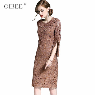 

OIBEE2018 autumn new fashion embroidered hollow seven-point sleeve dress slim slim bag hip skirt female