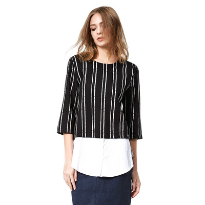 

UR women stripes hit color round neck loose fashion city blouse shirt WG32S2CN2001 deep black S