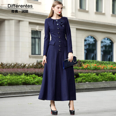 

DF · RS Woolen dress European&American retro wind skirt new long-sleeved ol temperament large size dress