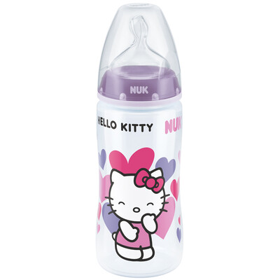 

NUK wide caliber bottle PP plastic baby bottle 300ml with anti-flatulence silicone nipple 0-6 months silicone hole Hello Kitty purple German import