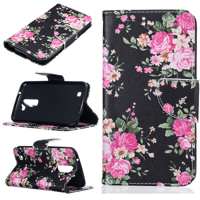 

Black flowers Design PU Leather Flip Cover Wallet Card Holder Case for LG K10