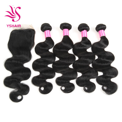 

7A Grade Unprocessed Human Hair Virgin Hair Body Wave Free Part Lace Closure Peruvian Body Wave with 4 Bundles Hair Weft