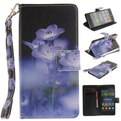 

Blue flower Design PU Leather Flip Cover Wallet Card Holder Case for HUAWEI P8 Lite