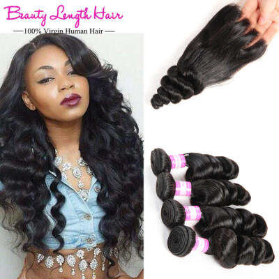 

Brazilian Loose Wave Virgin Hair With Lace Closure 4 Bundles With Closure Human Hair With Closure