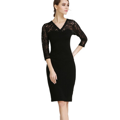 

Buenos Ninos Womens V-neck 34 Sleeve Lace Patchwork Pencil Midi Cocktail Dress