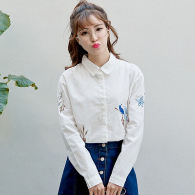 

Longyue Women Korean Fashion Fashionable Embroidered Shirt Tunic Blouse LWCC172413 White L