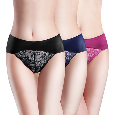

Beautiful&elegant 3 ladies underwear Seamless sexy comfortable hollow lace underwear female mysterious black gem blue Bordeaux red XL code